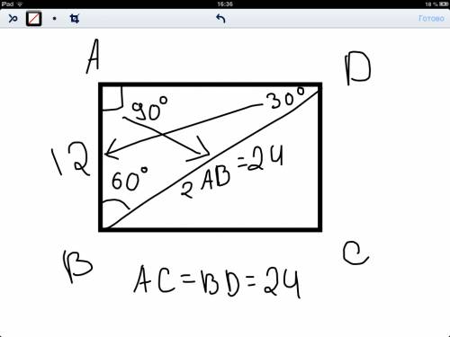Впрямоугольнике авсд сторона ав равна 12 см, а угол авд равен 600. найдите диагональ ас