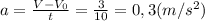 a=\frac{V-V_0}{t}=\frac{3}{10}=0,3(m/s^2)
