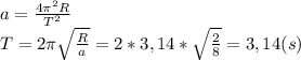 a=\frac{4\pi^2R}{T^2}\\T=2\pi\sqrt{\frac{R}{a}}=2*3,14*\sqrt{\frac{2}{8}}=3,14(s)