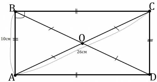 Впрямоугольнике abcd диагонали пересекаются в точке о, ab=10,ac=26см.найдите а)bc б)ab+od в)da-1/2 c