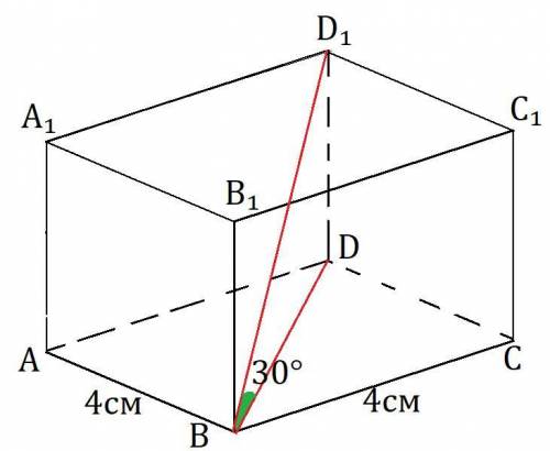Вправильной 4-х угольной призме, со стороной основания 4см, проведена диагональ призмы под углом 30