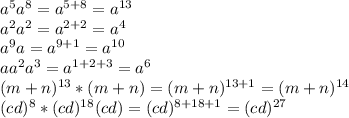 a^5a^8=a^{5+8}=a^{13} \\ a^2a^2=a^{2+2}=a^4 \\ a^9a=a^{9+1}=a^{10} \\ aa^2a^3=a^{1+2+3}=a^6 \\ (m+n)^{13}*(m+n)=(m+n)^{13+1}=(m+n)^{14} \\ (cd)^8*(cd)^{18}(cd)=(cd)^{8+18+1}=(cd)^{27}