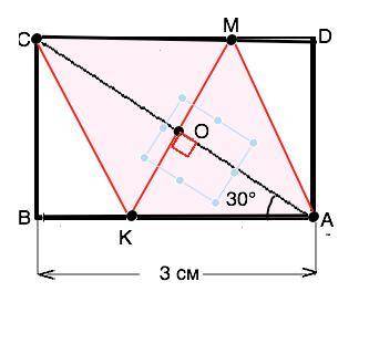 На сторонах ab и cd прямоугольника abcd взяты точки к и m так, что akcm - ромб. диагональ ac составл