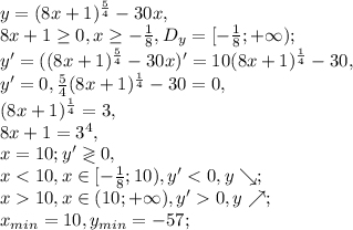 y=(8x+1) ^{ \frac{5}{4} } -30x, \\&#10;8x+1 \geq 0, x \geq - \frac{1}{8}, D_y=[- \frac{1}{8};+\infty);\\&#10;y'=((8x+1) ^{ \frac{5}{4} } -30x)'=10(8x+1) ^{ \frac{1}{4} } -30, \\&#10;y'=0, \frac{5}{4}(8x+1) ^{ \frac{1}{4} } -30=0, \\&#10;(8x+1) ^{ \frac{1}{4} }=3, \\&#10;8x+1=3^4, \\&#10;x=10;&#10;y'\gtrless0, \\&#10;x<10, x\in[- \frac{1}{8};10), y'<0, y\searrow; \\&#10;x10, x\in(10;+\infty), y'0, y\nearrow; \\ x_{min}=10, y_{min}=-57; \\
