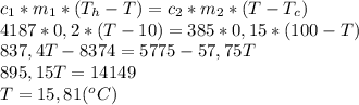 c_1*m_1*(T_h-T)=c_2*m_2*(T-T_c)\\4187*0,2*(T-10)=385*0,15*(100-T)\\837,4T-8374=5775-57,75T\\895,15T=14149\\T=15,81(^oC)