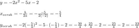 y=-2x^2-5x-2\\\\x_{versh}=-\frac{b}{2a}=-\frac{-5}{2(-2)}=-\frac{5}{4}\\\\y_{versh}=-2(-\frac{5}{4})^2-5\cdot (-\frac{5}{4})-2=-\frac{50}{4}+\frac{25}{4}-2=-\frac{25}{4}-2=-\frac{33}{4}