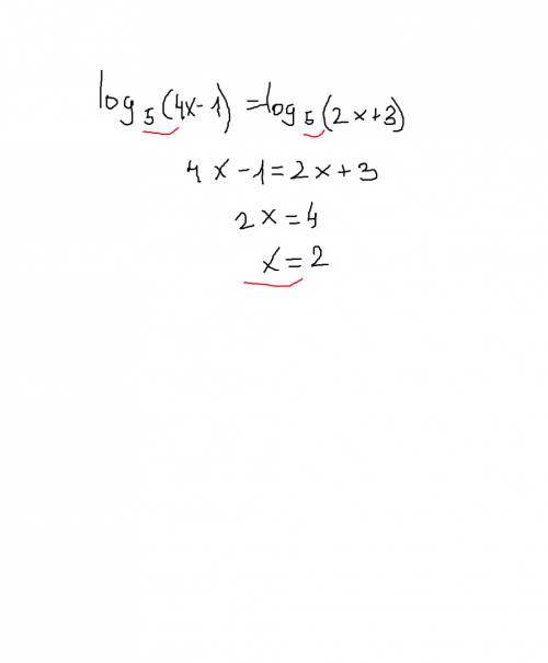 Logпо основанию 5 (4x-1 ) = logпо основанию 5 (2x+3)