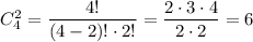 C_4^2=\dfrac{4!}{(4-2)!\cdot 2!}=\dfrac{2\cdot 3\cdot 4}{2\cdot 2}=6