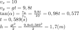 v_x=10\\v_y=gt=9,8t\\\tan(\alpha)=\frac{v_y}{v_x}=\frac{9,8t}{10}=0,98t=0,577\\t=0,589(s)\\h=\frac{gt^2}{2}=\frac{9,8*0,589^2}{2}=1,7(m)