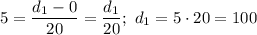 5 = \dfrac{d_{1} - 0}{20} = \dfrac{d_{1}}{20}; \ d_{1} = 5 \cdot 20 = 100