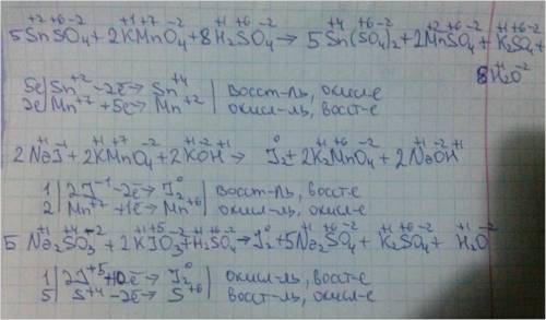 Методом электронного расставить коэффициенты в уравнениях: 1)snso4+kmno4+ sn(so4)2+mnso4+k2so4+h2o 2