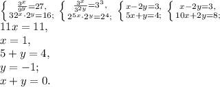 \left \{ {{\frac{ 3^{x} }{ 9^{y} }=27,} \atop {32^{x}\cdot 2^{y} }=16;} \right. \left \{ {{ \frac{ 3^{x} }{ 3^{2y} }=3^3,} \atop { 2^{5x}\cdot2^{y} }=2^4;} \right. \left \{ {{x-2y=3,} \atop { 5x+y=4;} \right. \left \{ {{x-2y=3,} \atop { 10x+2y=8;} \right. \\ 11x=11, \\ x= 1 , \\ 5+y=4, \\ y=-1; \\&#10;x+y=0.