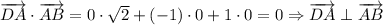 \overrightarrow{DA}\cdot \overrightarrow{AB}= 0\cdot \sqrt{2} +(-1)\cdot 0+1 \cdot 0=0\Rightarrow \overrightarrow{DA}\perp \overrightarrow{AB}