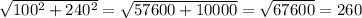 \sqrt{100^2 + 240^2} = \sqrt{57600 + 10000}=\sqrt{67600} = 260