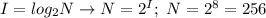 I=log_2N \to N=2^I; \ N=2^8=256