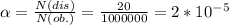 \alpha = \frac{N(dis)}{N(ob.)} = \frac{20}{1000000} = 2*10^{-5}
