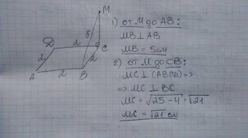 Cm - перпендикуляр к плоскости квадрата abcd. найдите расстояние от точки m до прямых ab и cb, если