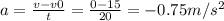 a= \frac{v-v0}{t} = \frac{0-15}{20} =-0.75m/s ^{2}