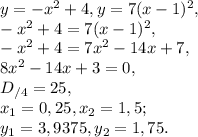 y=-x^2+4, y=7(x-1)^2, \\&#10;-x^2+4=7(x-1)^2, \\ &#10;-x^2+4=7x^2-14x+7, \\&#10;8x^2-14x+3=0, \\&#10;D_{/4}=25, \\&#10;x_1= 0,25, x_2=1,5; \\&#10;y_1=3,9375, y_2=1,75.