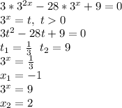3*3^{2x}-28*3^x+9=0\\&#10;3^x=t,\,\,t0\\&#10;3t^2-28t+9=0\\&#10;t_1=\frac13\,\,\,\, t_2=9\\&#10;3^x=\frac13\\&#10;x_1=-1\\&#10;3^x=9\\&#10;x_2=2