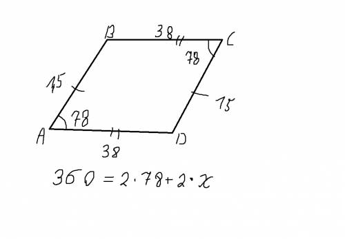 Abcd-параллелограмм угол a равен 78 градусов ab равен 15 см, bc равен 38 см найдите 1) pabcd 2)углы