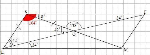 в параллелограмме ekfm диагонали пересекаются в точке o , причем угол kof равен 138 градусов ,а уго