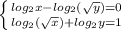 \left \{ {{log_{2}x-log_{2}(\sqrt{y})=0} \atop {log_{2}(\sqrt{x})+log_{2}y=1}} \right.