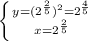 \left \{ {{y=(2^{\frac{2}{5}})^{2}=2^{\frac{4}{5}}} \atop {x=2^{\frac{2}{5}}} \right.