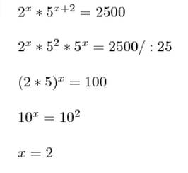 Решите уравнение 2^x умножить на 5^х+2=2500