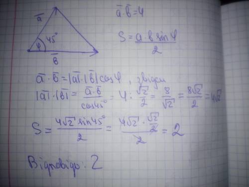 Знайти площину трикутника побудованого на секторах а і b, якщо вектори а іb утворюють кут 45 градусі