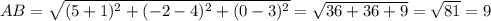 AB= \sqrt{(5+1)^2+(-2-4)^2+(0-3)^2}= \sqrt{36+36+9} = \sqrt{81}=9