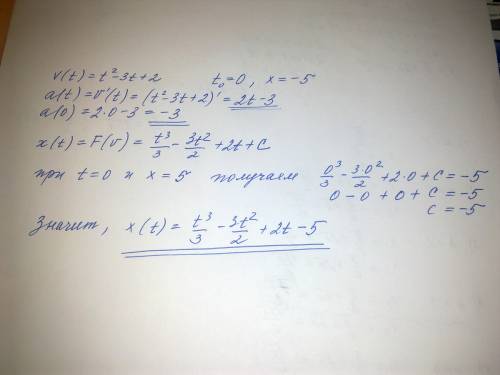 Скорость прямолинейно движущейся точки задана формулой: v(t)=t^2-3t+2. напишите формулы зависимости