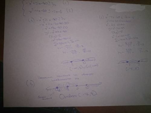 Решите систему неравенств -x^2+21x-80=> 3x x^2-4x-69< =-2x-6 у меня получился такие ответы : [