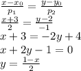 \frac{x-x_0}{p_1} = \frac{y-y_0}{p_2} \\ \frac{x+3}{2} = \frac{y-2}{-1} \\ x+3=-2y+4 \\ x+2y-1=0 \\ y= \frac{1-x}{2}