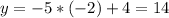 y=-5*(-2)+4=14