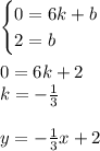 \begin{cases}0=6k+b\\2=b\end{cases}\\\\0=6k+2\\k=-\frac{1}{3}\\\\y=-\frac{1}{3}x+2