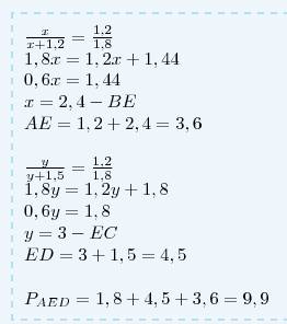 Основания трапеции равны 1.8м и 1.2м, а боковые стороны 1.5м и 1.2м. боковые стороны продолжены до п