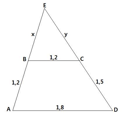 Основания трапеции равны 1.8м и 1.2м, а боковые стороны 1.5м и 1.2м. боковые стороны продолжены до п