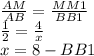 \frac{AM}{AB} = \frac{MM1}{BB1} \\ \frac{1}{2}= \frac{4}{x} \\ x=8-BB1