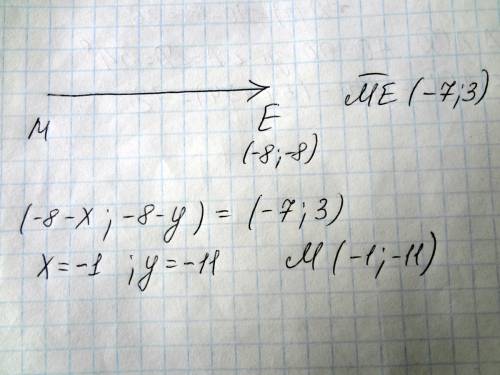 Вектор me имеет координаты {-7; 3}, а точка e - координаты (-8; -8). найдите координаты точки m.