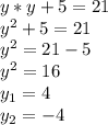 y*y+5=21 \\ y^{2} +5=21 \\ y^{2} =21-5 \\ y^{2} =16 \\ y_1=4 \\ y_2=-4