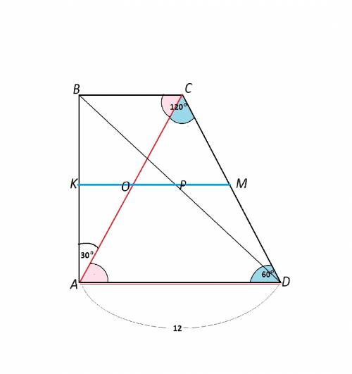 Один из углов прямоугольной трапеции равен 120 градусов. большее основание равно 12. найдите отрезок