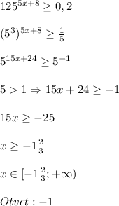 125^{5x+8}\geq0,2\\\\(5^{3})^{5x+8}\geq\frac{1}{5}\\\\5^{15x+24}\geq 5^{-1}\\\\51\Rightarrow15x+24\geq-1\\\\15x\geq-25\\\\x\geq -1\frac{2}{3} \\\\x\in[-1\frac{2}{3};+\infty)\\\\Otvet:-1