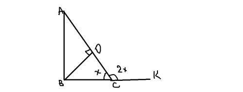 Внешний угол прямоугольного треугольника в 2 раза больше угла, смежного с ним. найдите меньший отрез