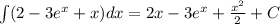 \int (2-3e^{x}+x)dx=2x-3e^{x}+\frac{x^2}{2}+C