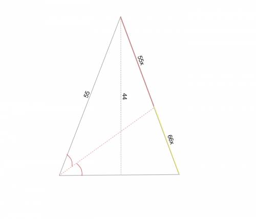 Бічна сторона рівнобедреного трикутника дорівнює 55 см, а висота, що проведена до основи 44 см . зна