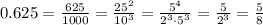 0.625=\frac{625}{1000}=\frac{25^2}{10^3}=\frac{5^4}{2^3\cdot5^3}=\frac{5}{2^3}=\frac58