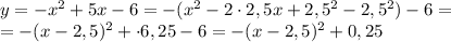 y=-x^2+5x-6=-(x^2-2\cdot 2,5x+2,5^2-2,5^2)-6=\\=-(x-2,5)^2+\cdot 6,25-6=-(x-2,5)^2+0,25