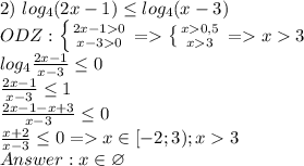 2) \ log_4(2x-1) \leq log_4(x-3) \\ ODZ: \left \{ {{2x-10} \atop {x-30}} \right. = \left \{ {{x0,5} \atop {x3}} \right.= x3 \\ log_4 \frac{2x-1}{x-3} \leq 0 \\ \frac{2x-1}{x-3} \leq 1 \\ \frac{2x-1-x+3}{x-3} \leq 0 \\ \frac{x+2}{x-3} \leq 0 = x \in [-2;3) ; x3 \\ Answer: x \in \varnothing