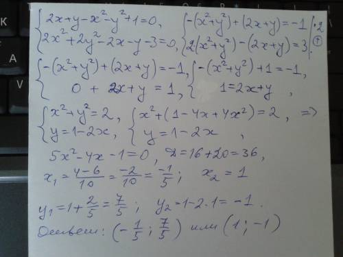 Решить 2x+y-x²-y²+1=0 2x²+2y²-2x-y-3=0 и всё в системе